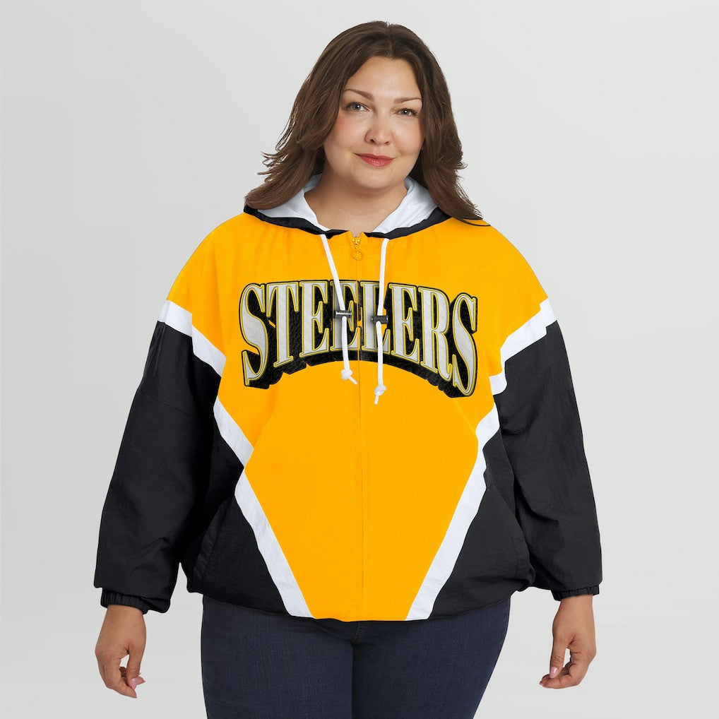 Pittsburgh Steelers WEAR by Erin Andrews Women's Plus Size Retro Crinkle Full-Zip Hoodie Windbreaker Jacket Gold/Black | NFL