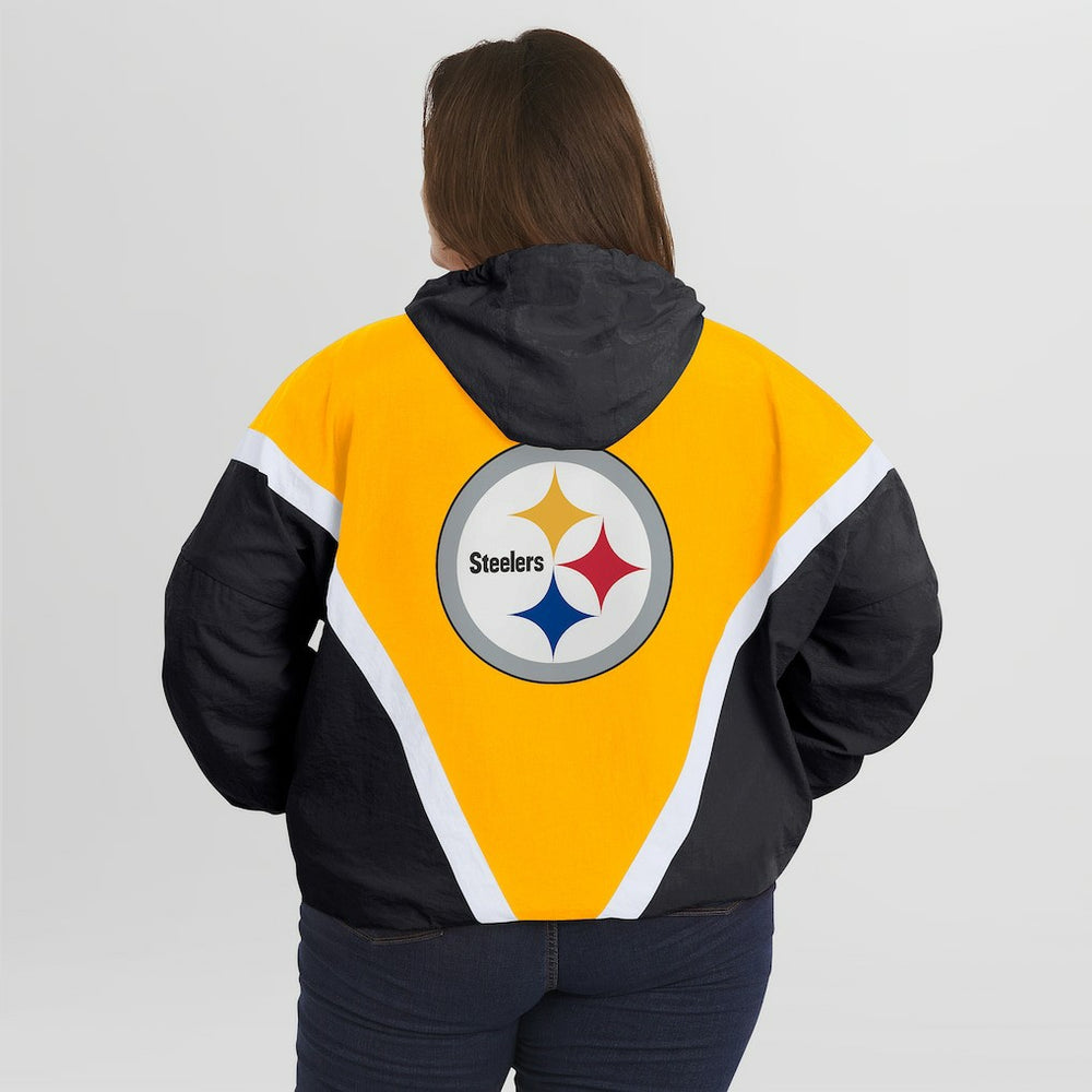Pittsburgh Steelers WEAR by Erin Andrews Women's Plus Size Retro Crinkle Full-Zip Hoodie Windbreaker Jacket Gold/Black | NFL