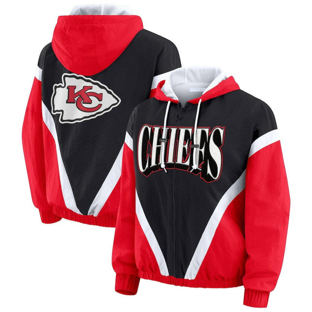 Kansas City Chiefs WEAR by Erin Andrews Women's Plus Size Retro Crinkle Full-Zip Hoodie Windbreaker Jacket Red/Black | NFL