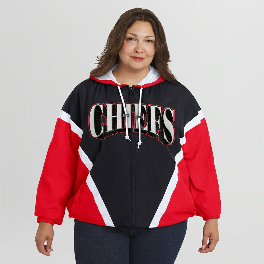 Kansas City Chiefs WEAR by Erin Andrews Women's Plus Size Retro Crinkle Full-Zip Hoodie Windbreaker Jacket Red/Black | NFL