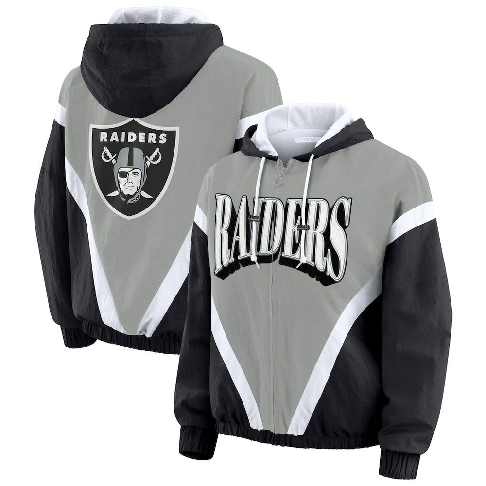 Las Vegas Raiders WEAR by Erin Andrews Women's Plus Size Retro Crinkle Full-Zip Hoodie Windbreaker Jacket Black/Gray | NFL