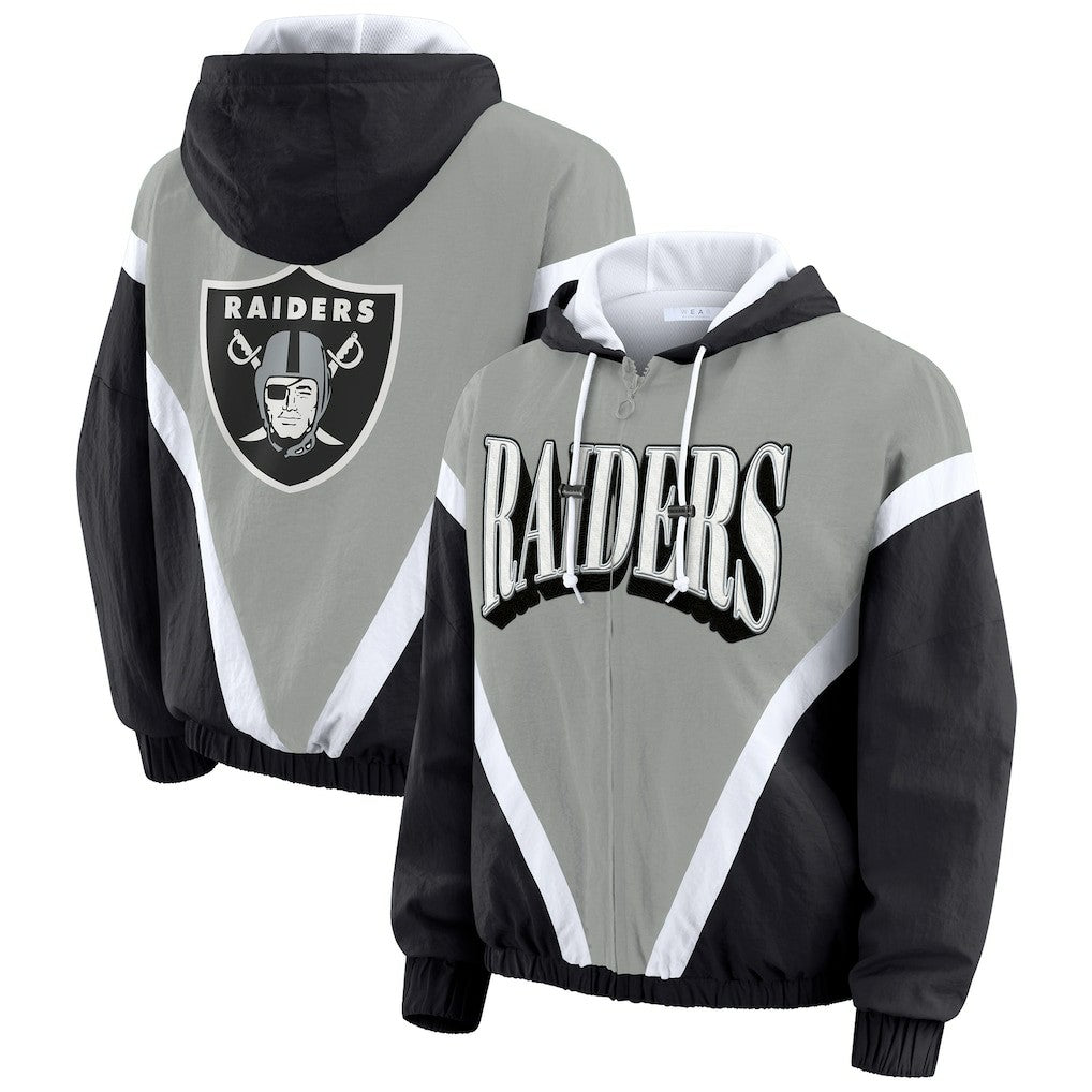 Las Vegas Raiders WEAR by Erin Andrews Women's Plus Size Retro Crinkle Full-Zip Hoodie Windbreaker Jacket Black/Gray | NFL