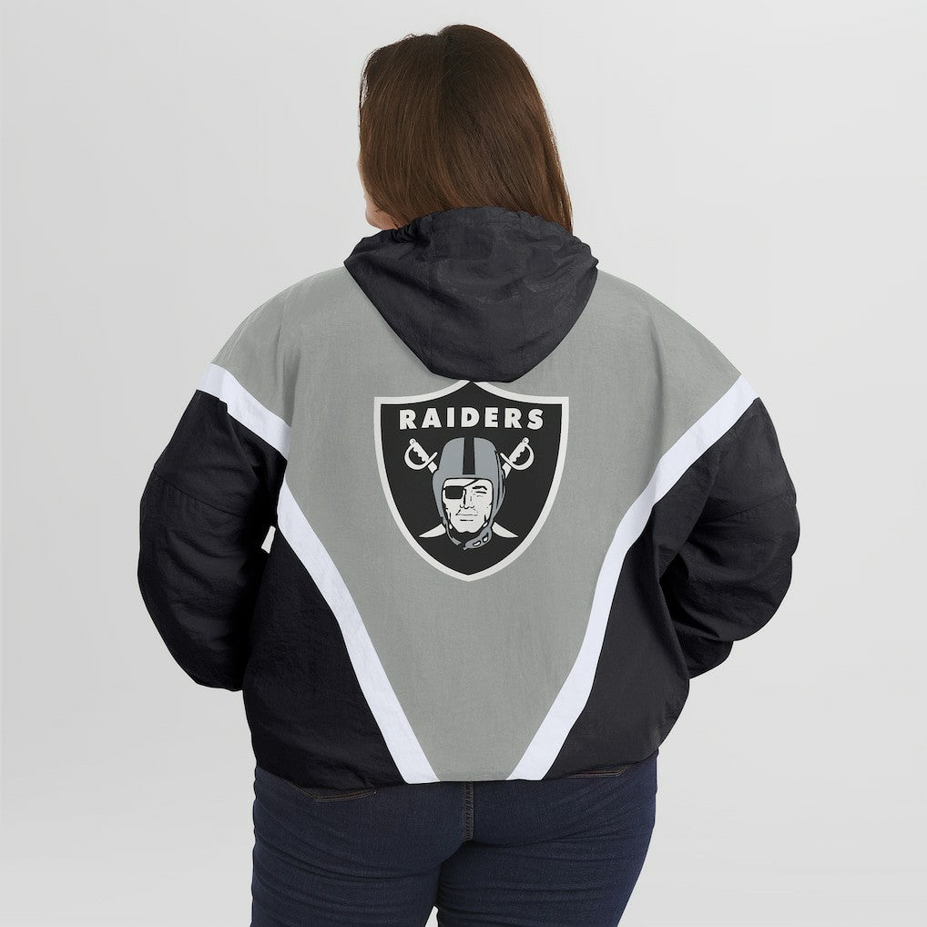 Las Vegas Raiders WEAR by Erin Andrews Women's Plus Size Retro Crinkle Full-Zip Hoodie Windbreaker Jacket Black/Gray | NFL