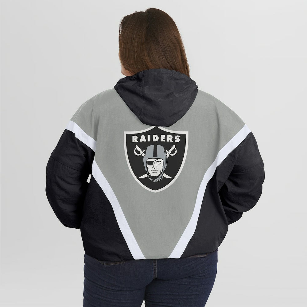 Las Vegas Raiders WEAR by Erin Andrews Women's Plus Size Retro Crinkle Full-Zip Hoodie Windbreaker Jacket Black/Gray | NFL
