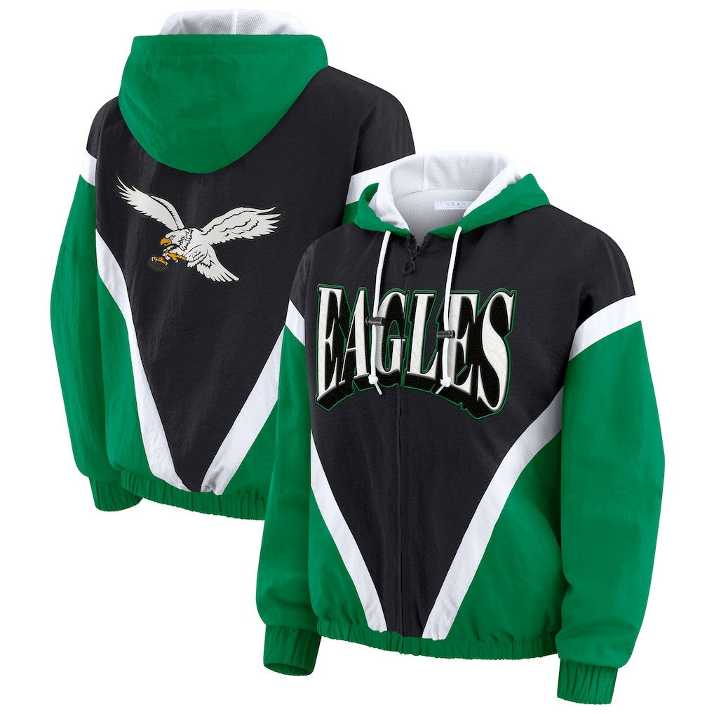 Philadelphia Eagles WEAR by Erin Andrews Women's Plus Size Retro Crinkle Full-Zip Hoodie Windbreaker Jacket Kelly Green/Black | NFL
