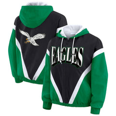 Philadelphia Eagles WEAR by Erin Andrews Women's Plus Size Retro Crinkle Full-Zip Hoodie Windbreaker Jacket Kelly Green/Black | NFL