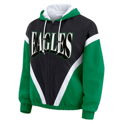 Philadelphia Eagles WEAR by Erin Andrews Women's Plus Size Retro Crinkle Full-Zip Hoodie Windbreaker Jacket Kelly Green/Black | NFL
