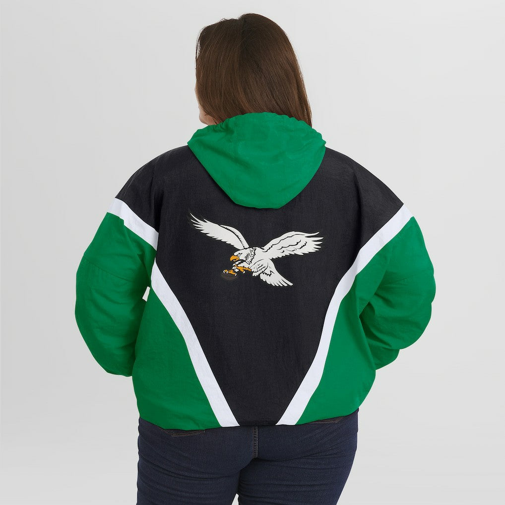 Philadelphia Eagles WEAR by Erin Andrews Women's Plus Size Retro Crinkle Full-Zip Hoodie Windbreaker Jacket Kelly Green/Black | NFL