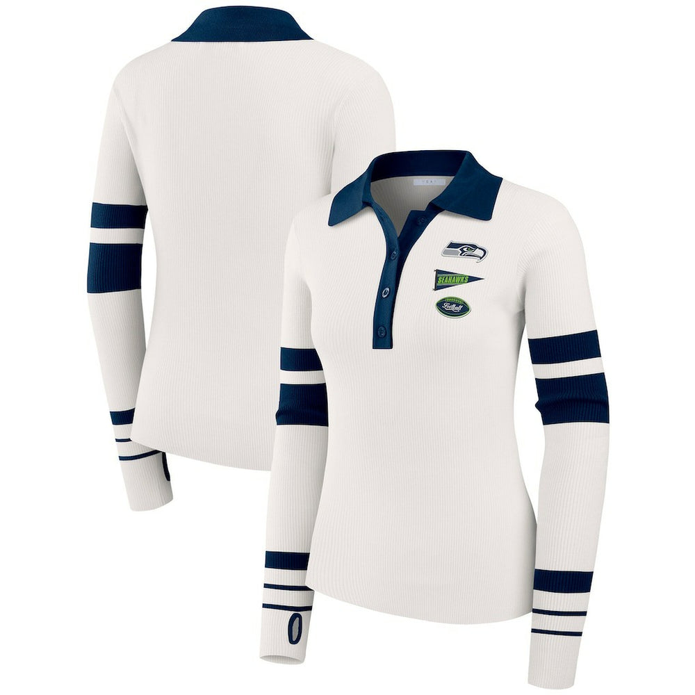 Seattle Seahawks WEAR by Erin Andrews Women's Ribbed Henley Polo Sweater White | NFL