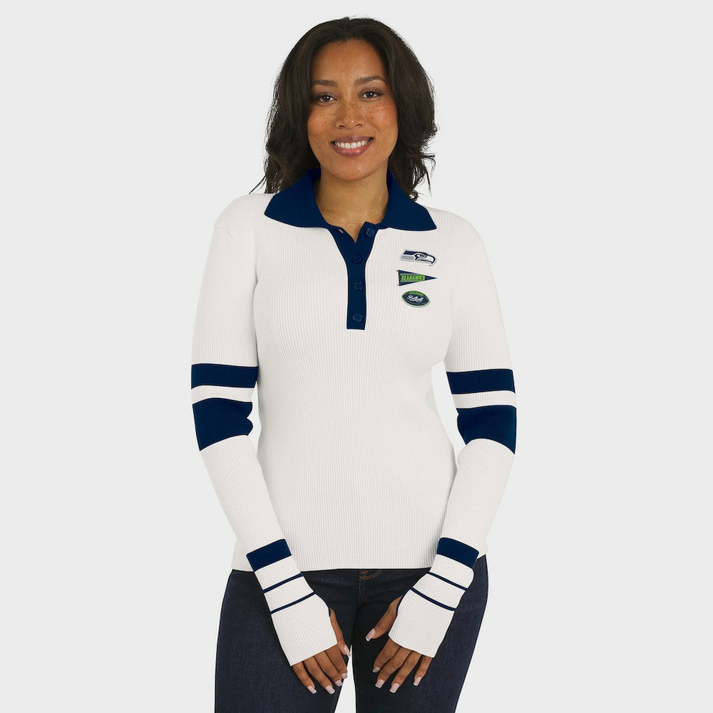 Seattle Seahawks WEAR by Erin Andrews Women's Ribbed Henley Polo Sweater White | NFL