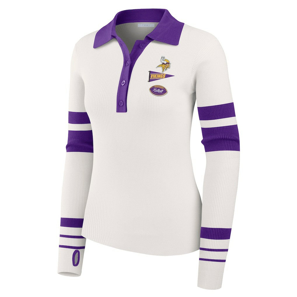 Minnesota Vikings WEAR by Erin Andrews Women's Ribbed Henley Polo Sweater White | NFL