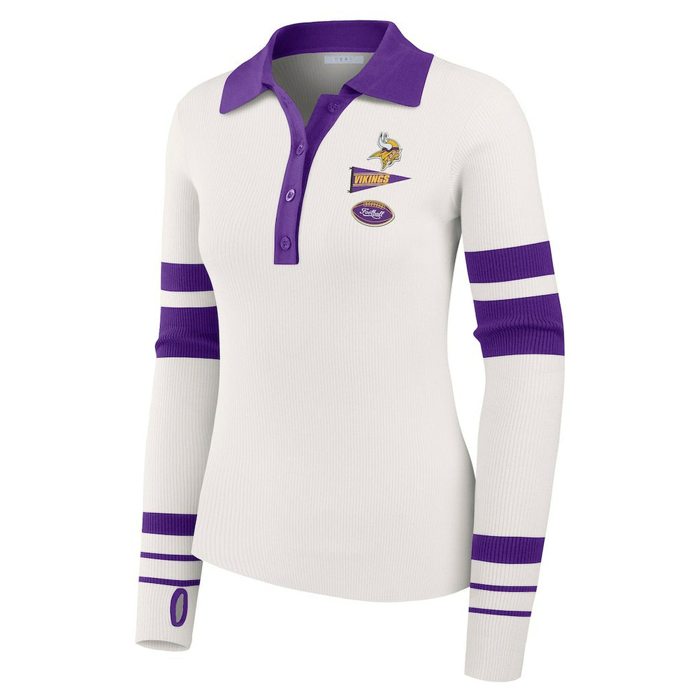 Minnesota Vikings WEAR by Erin Andrews Women's Ribbed Henley Polo Sweater White | NFL