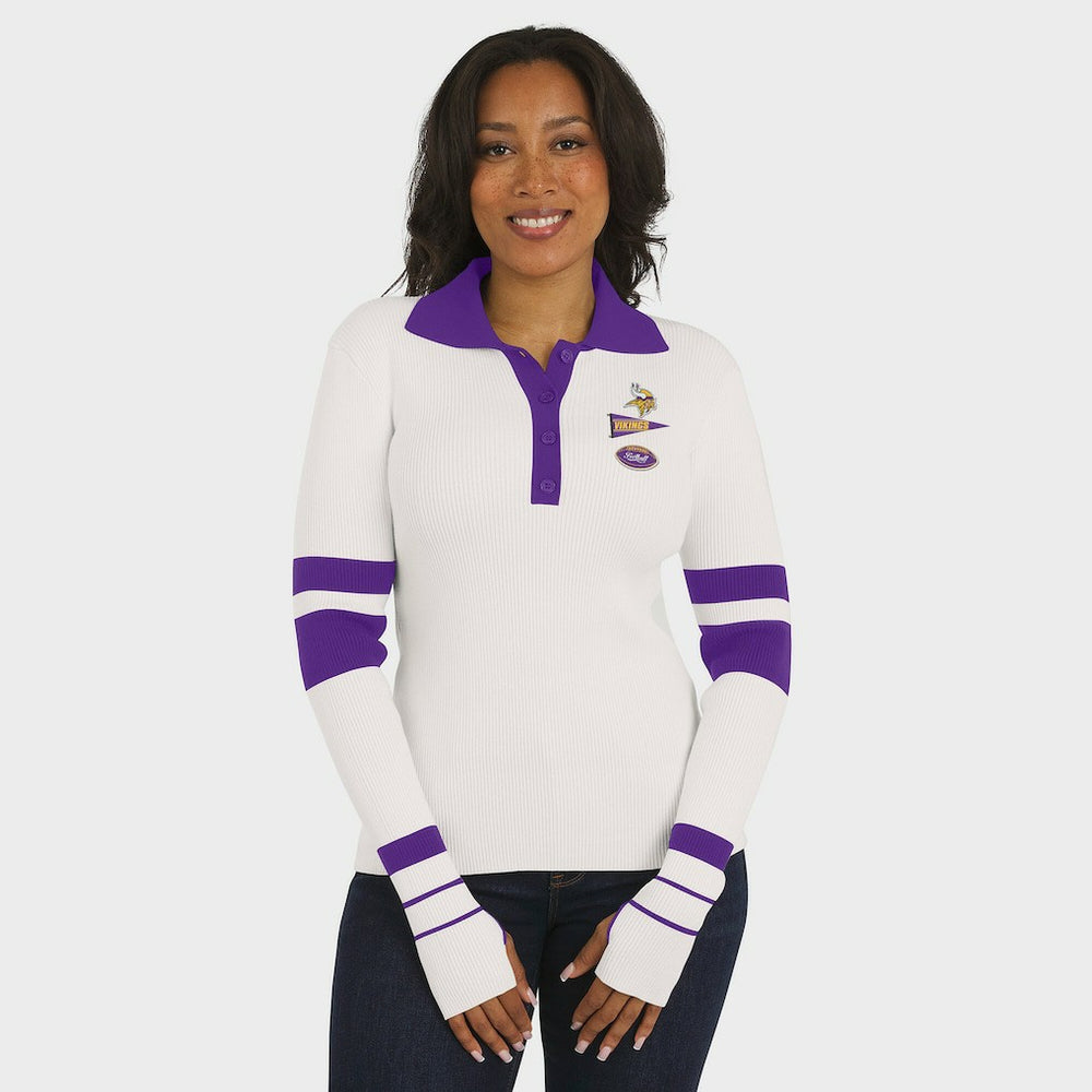 Minnesota Vikings WEAR by Erin Andrews Women's Ribbed Henley Polo Sweater White | NFL