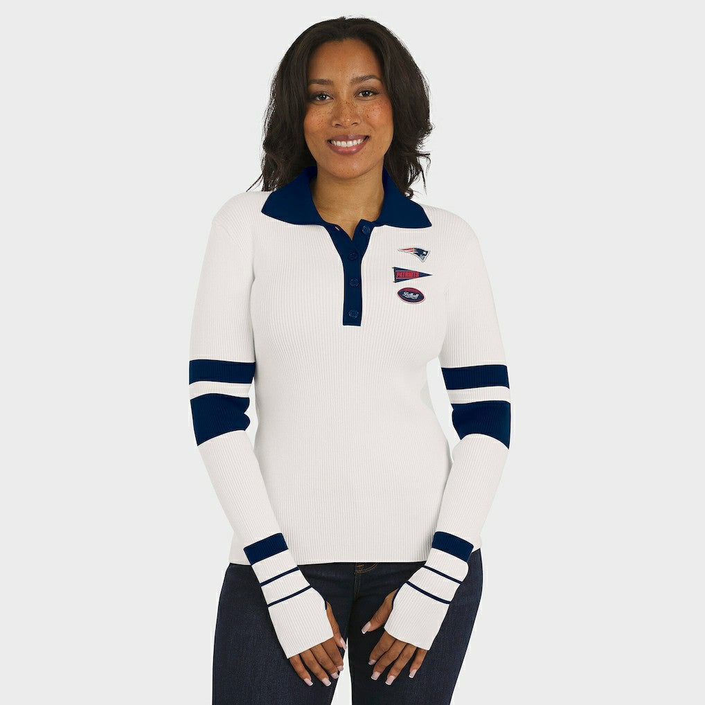 New England Patriots WEAR by Erin Andrews Women's Ribbed Henley Polo Sweater White | NFL