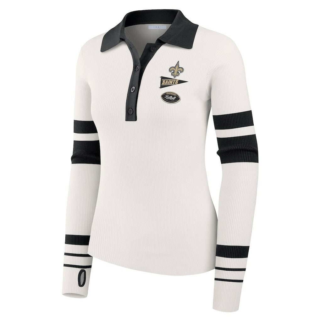 New Orleans Saints WEAR by Erin Andrews Women's Ribbed Henley Polo Sweater White | NFL