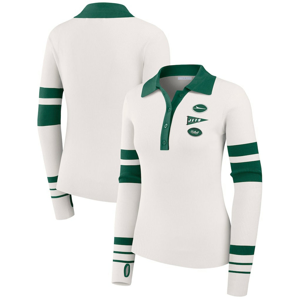 New York Jets WEAR by Erin Andrews Women's Ribbed Henley Polo Sweater White | NFL