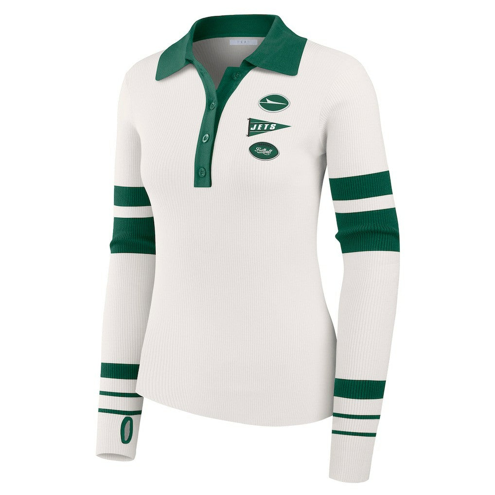 New York Jets WEAR by Erin Andrews Women's Ribbed Henley Polo Sweater White | NFL
