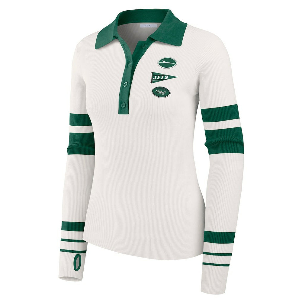 New York Jets WEAR by Erin Andrews Women's Ribbed Henley Polo Sweater White | NFL