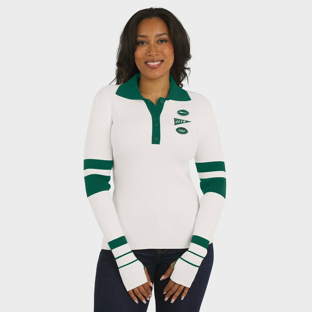 New York Jets WEAR by Erin Andrews Women's Ribbed Henley Polo Sweater White | NFL