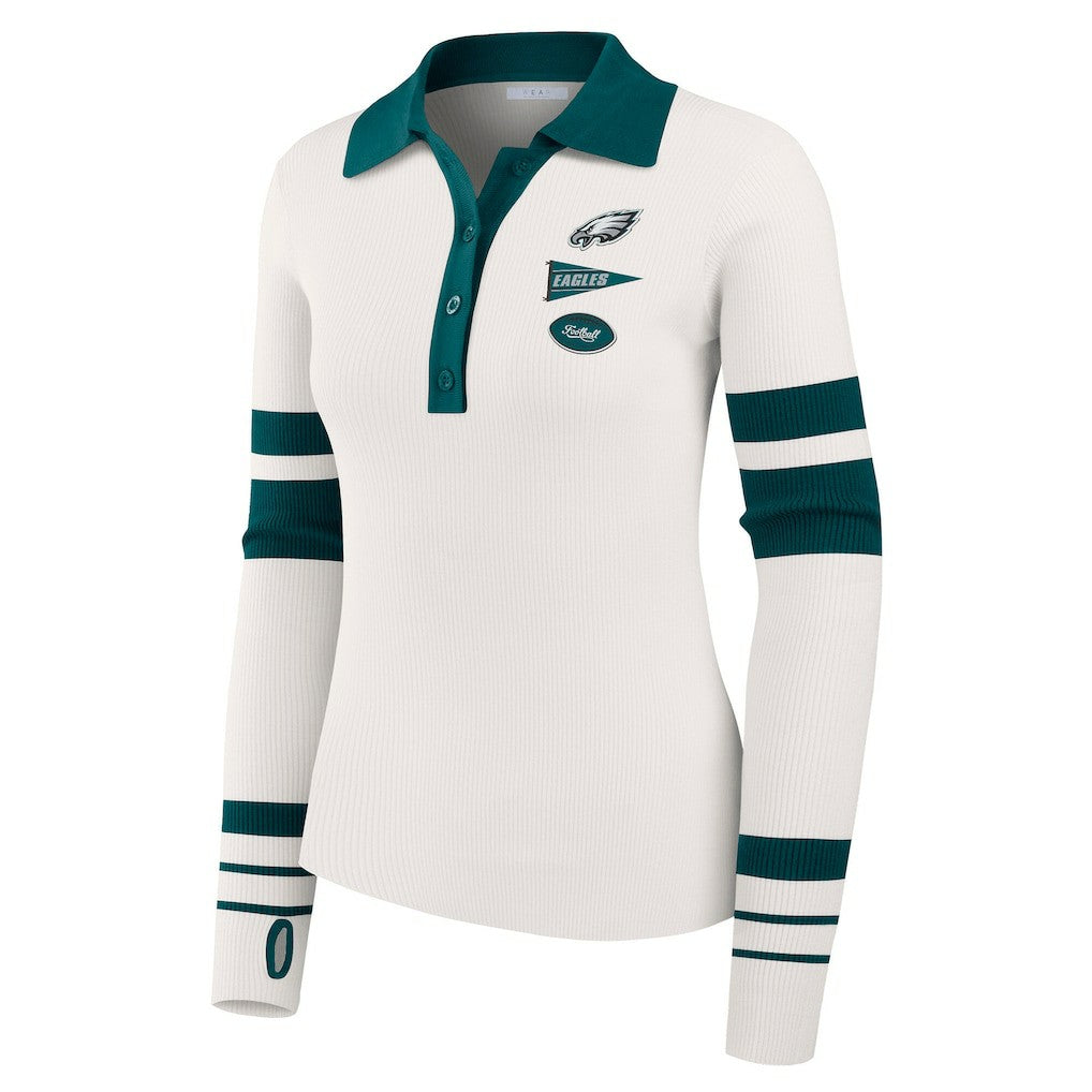 Philadelphia Eagles WEAR by Erin Andrews Women's Ribbed Henley Polo Sweater White | NFL