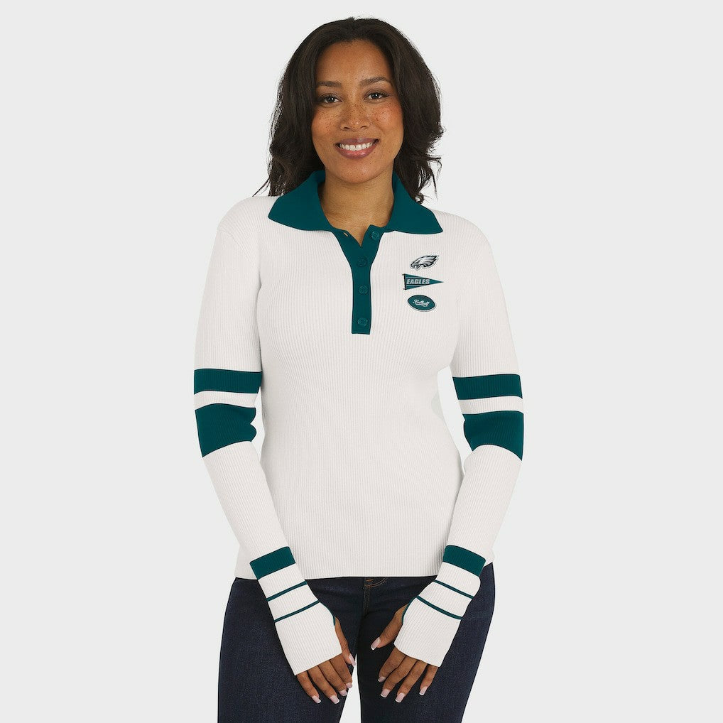 Philadelphia Eagles WEAR by Erin Andrews Women's Ribbed Henley Polo Sweater White | NFL