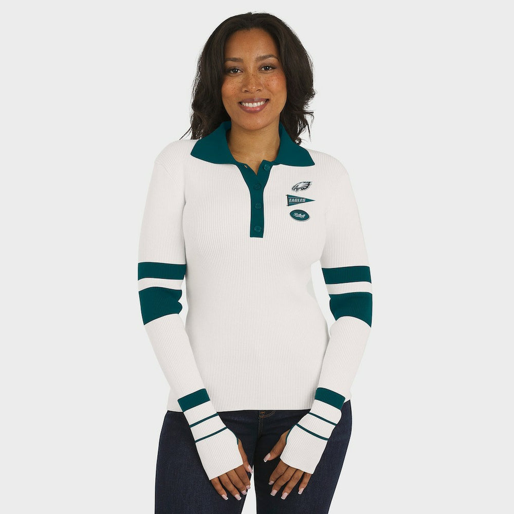 Philadelphia Eagles WEAR by Erin Andrews Women's Ribbed Henley Polo Sweater White | NFL