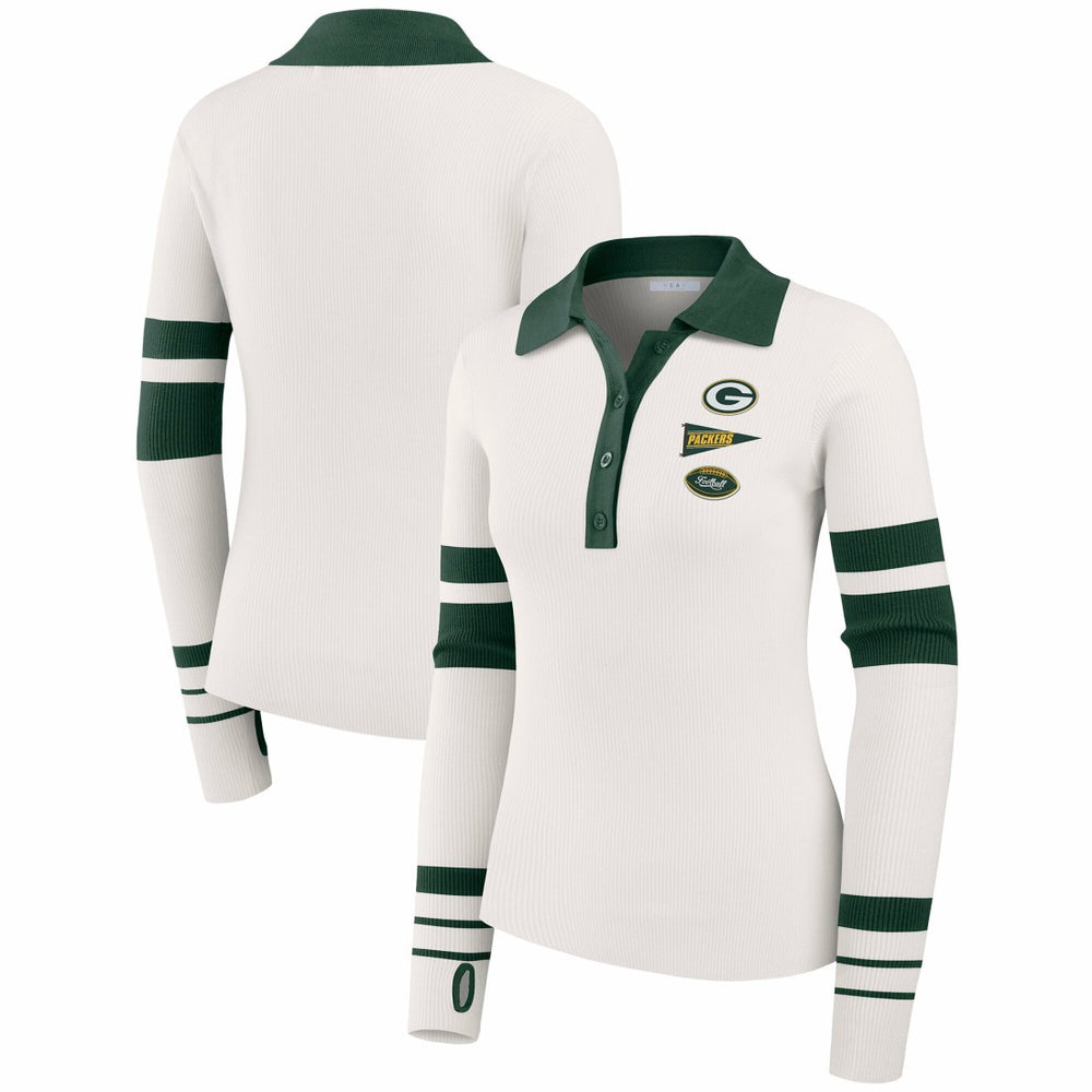 Green Bay Packers WEAR by Erin Andrews Women's Ribbed Henley Polo Sweater White | NFL