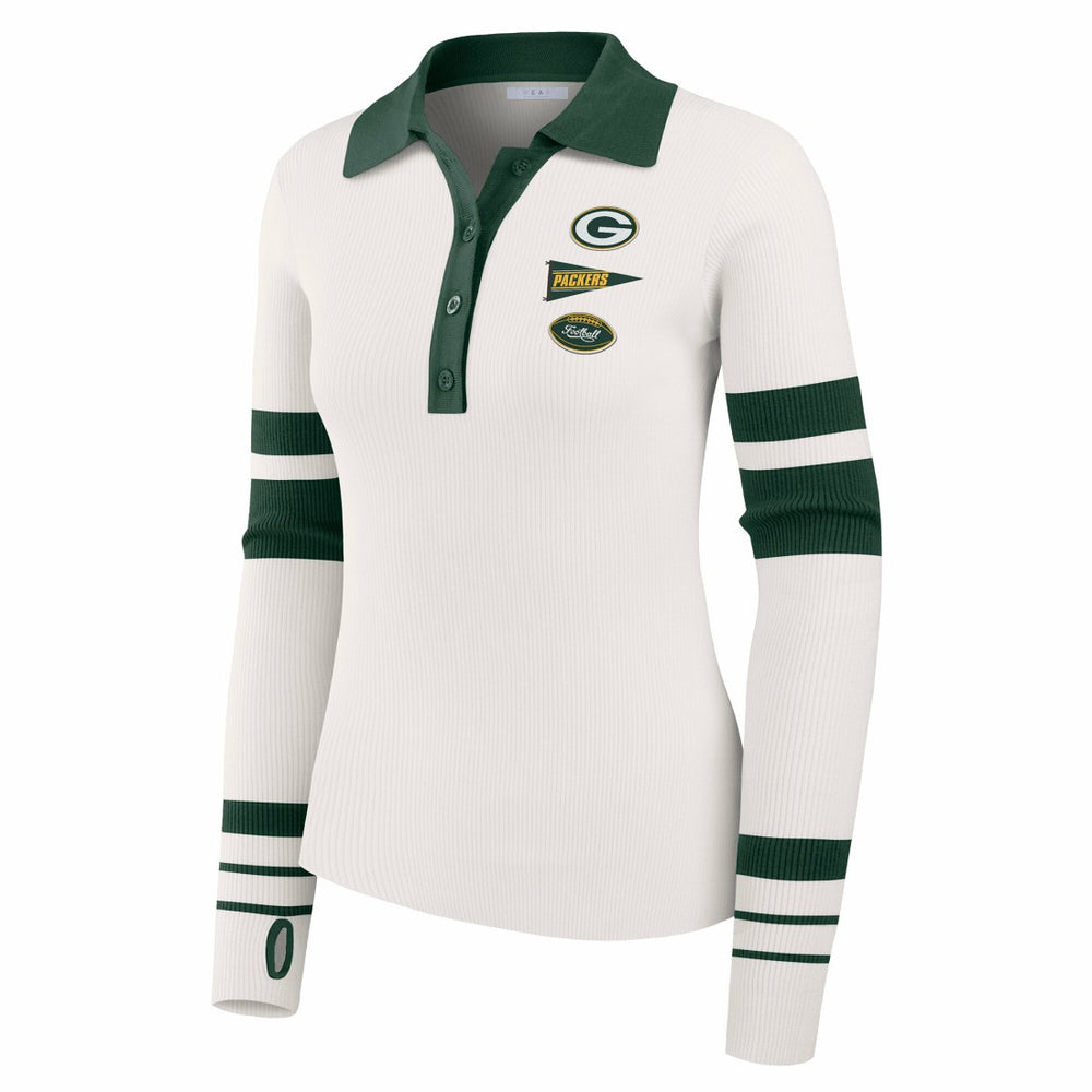 Green Bay Packers WEAR by Erin Andrews Women's Ribbed Henley Polo Sweater White | NFL