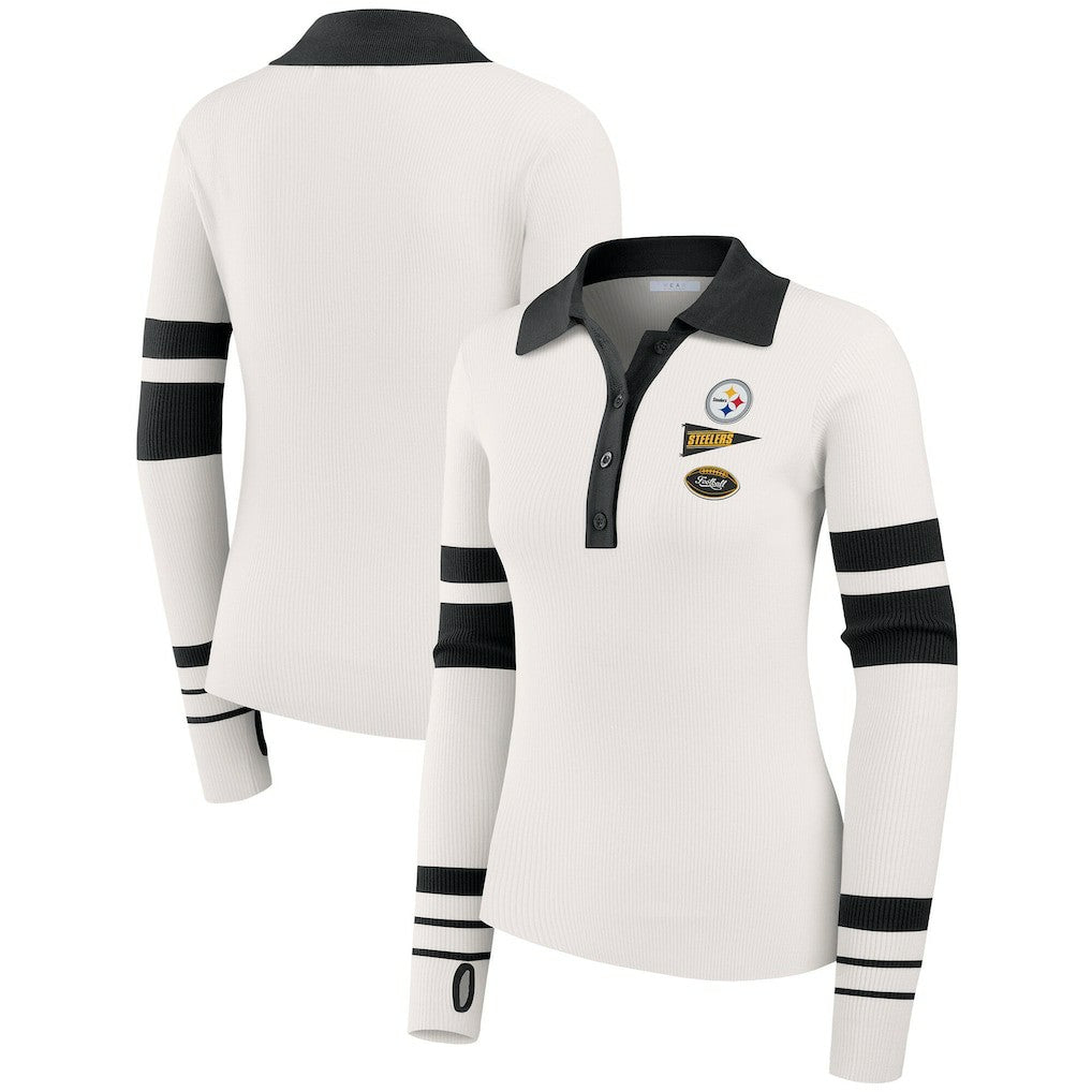Pittsburgh Steelers WEAR by Erin Andrews Women's Ribbed Henley Polo Sweater White | NFL