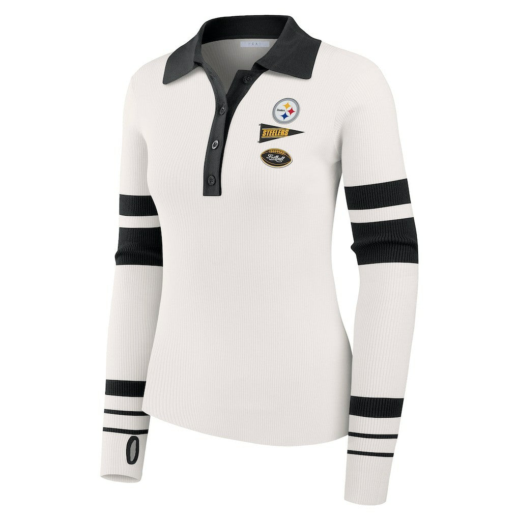 Pittsburgh Steelers WEAR by Erin Andrews Women's Ribbed Henley Polo Sweater White | NFL