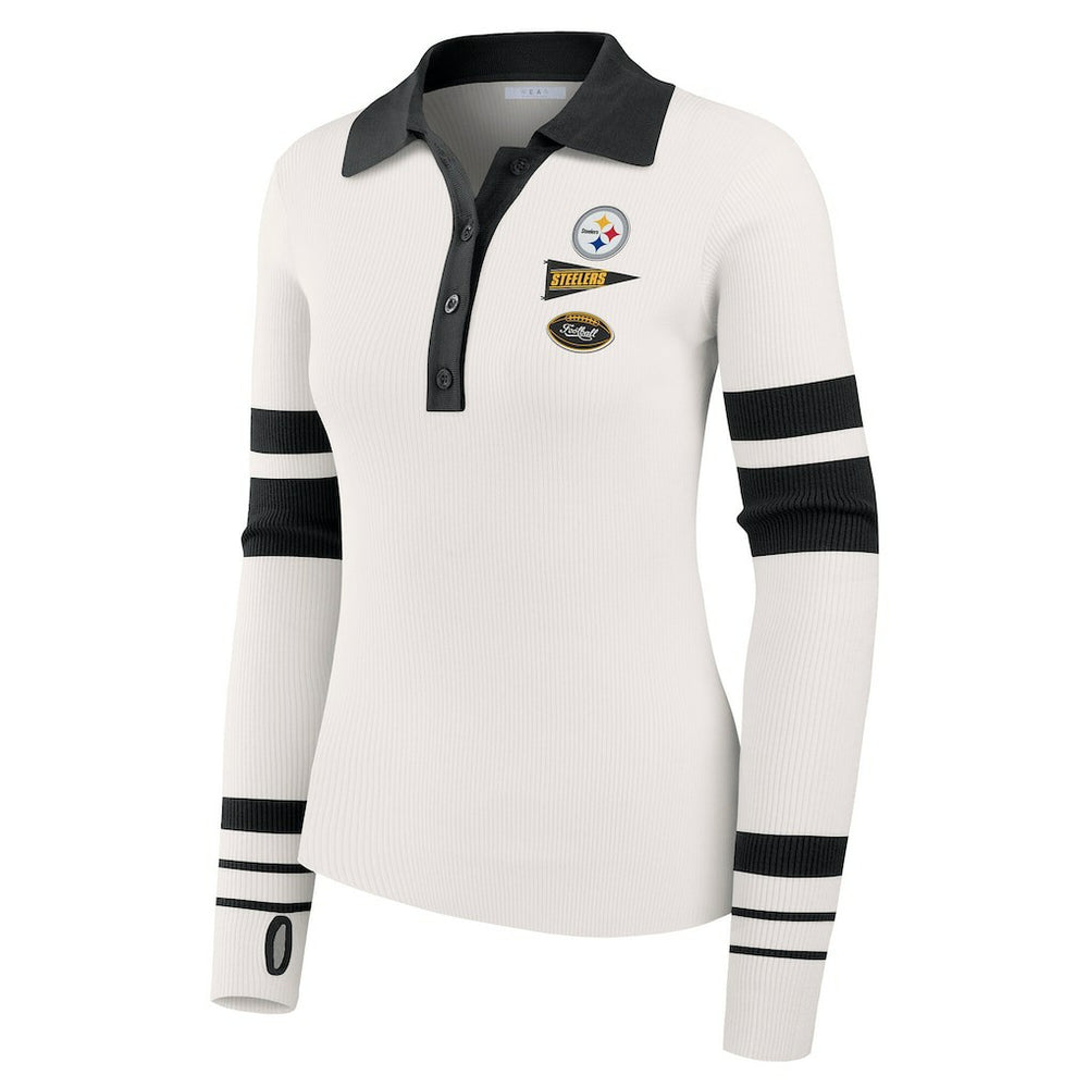 Pittsburgh Steelers WEAR by Erin Andrews Women's Ribbed Henley Polo Sweater White | NFL