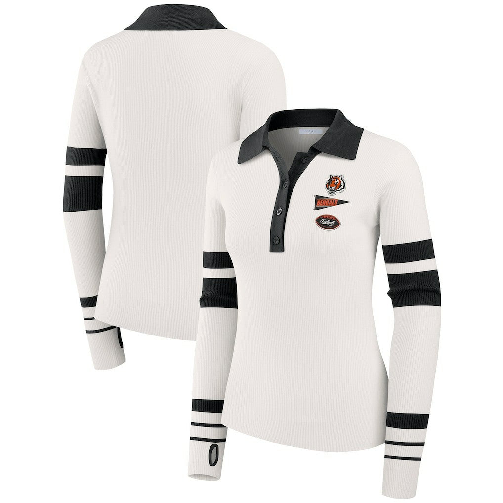 Cincinnati Bengals WEAR by Erin Andrews Women's Ribbed Henley Polo Sweater White | NFL