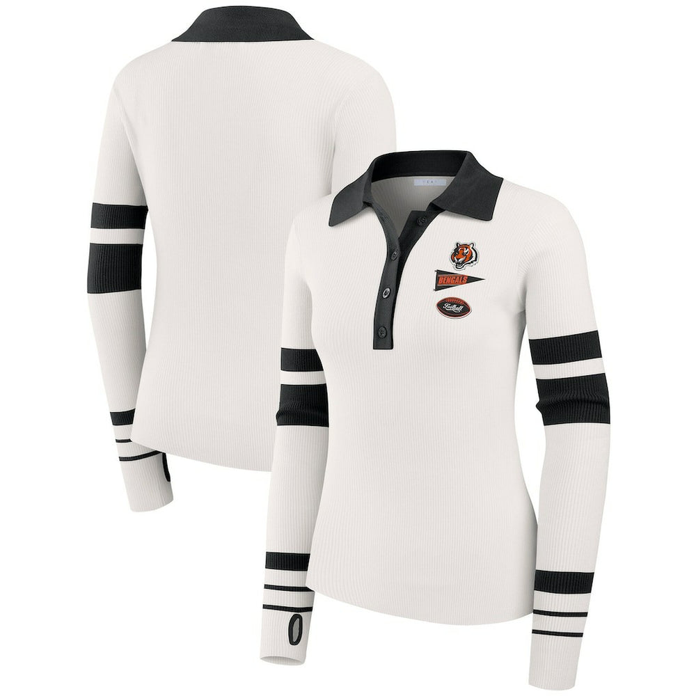 Cincinnati Bengals WEAR by Erin Andrews Women's Ribbed Henley Polo Sweater White | NFL