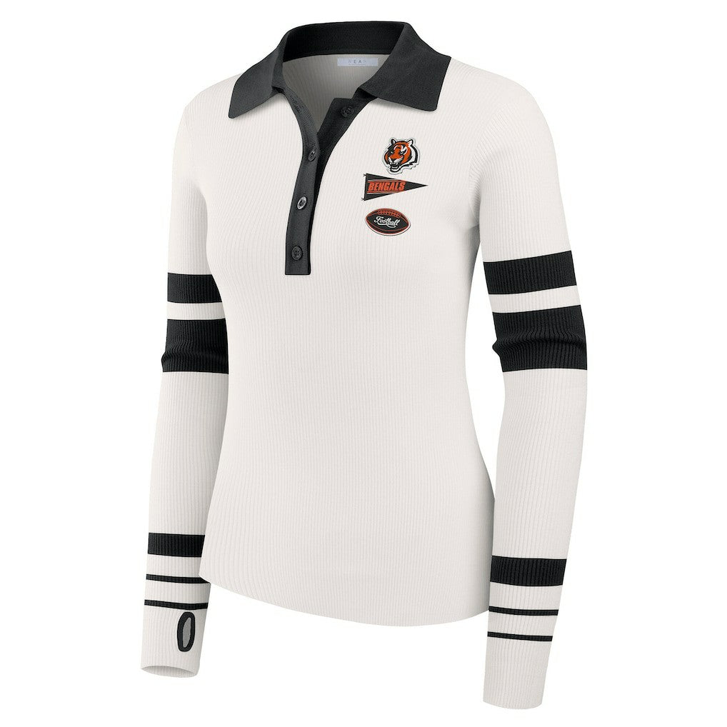 Cincinnati Bengals WEAR by Erin Andrews Women's Ribbed Henley Polo Sweater White | NFL