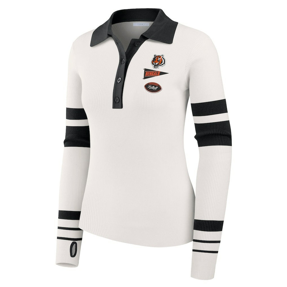 Cincinnati Bengals WEAR by Erin Andrews Women's Ribbed Henley Polo Sweater White | NFL