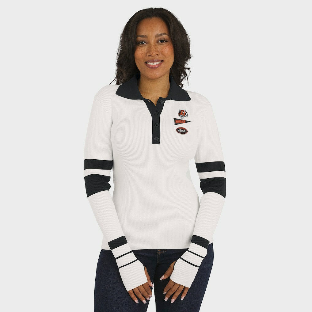 Cincinnati Bengals WEAR by Erin Andrews Women's Ribbed Henley Polo Sweater White | NFL