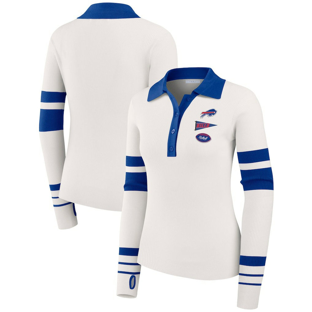 Buffalo Bills WEAR by Erin Andrews Women's Ribbed Henley Polo Sweater White | NFL