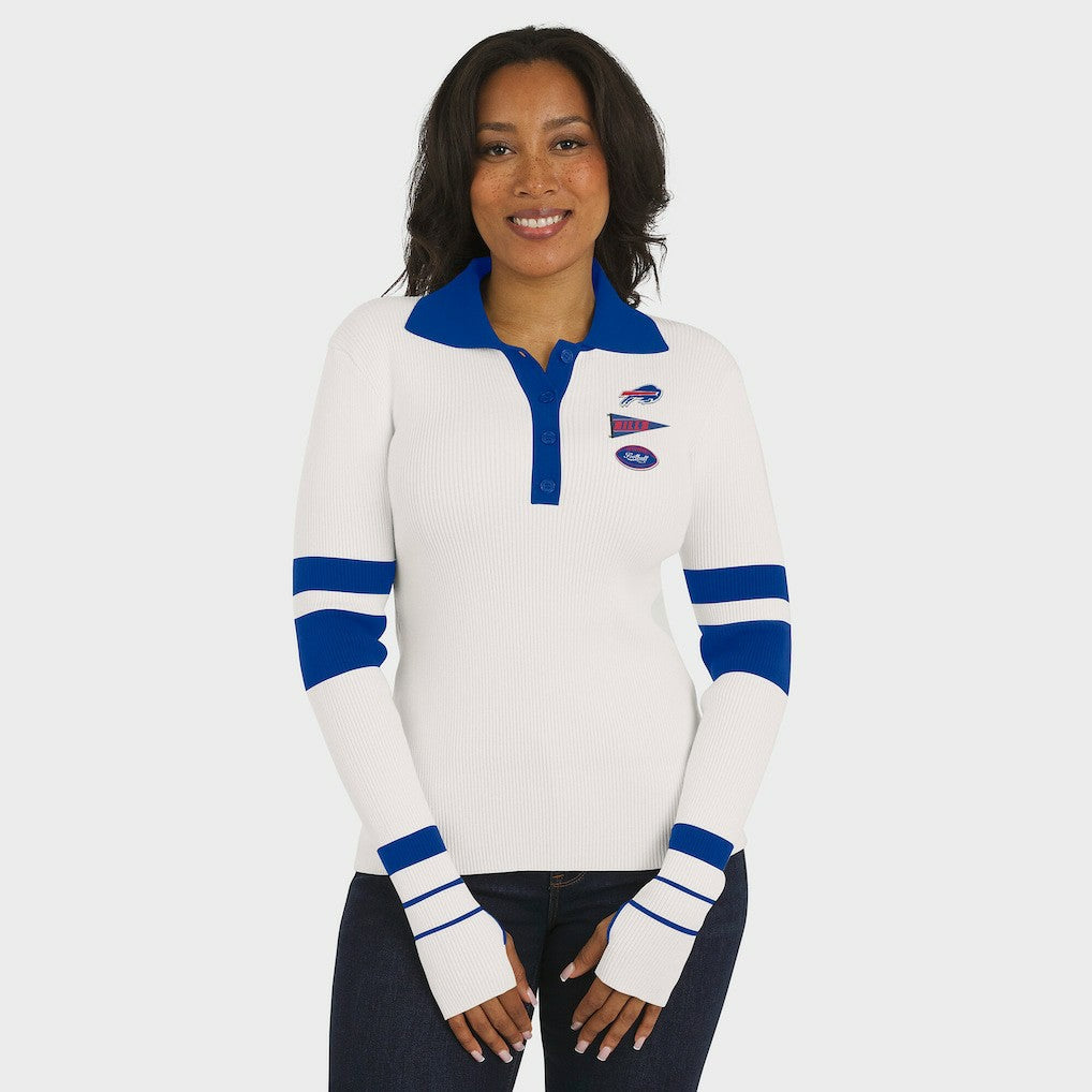 Buffalo Bills WEAR by Erin Andrews Women's Ribbed Henley Polo Sweater White | NFL