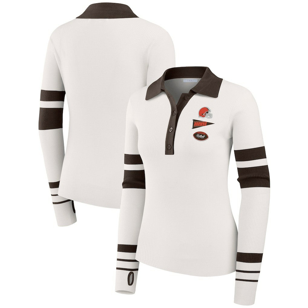 Cleveland Browns WEAR by Erin Andrews Women's Ribbed Henley Polo Sweater White | NFL