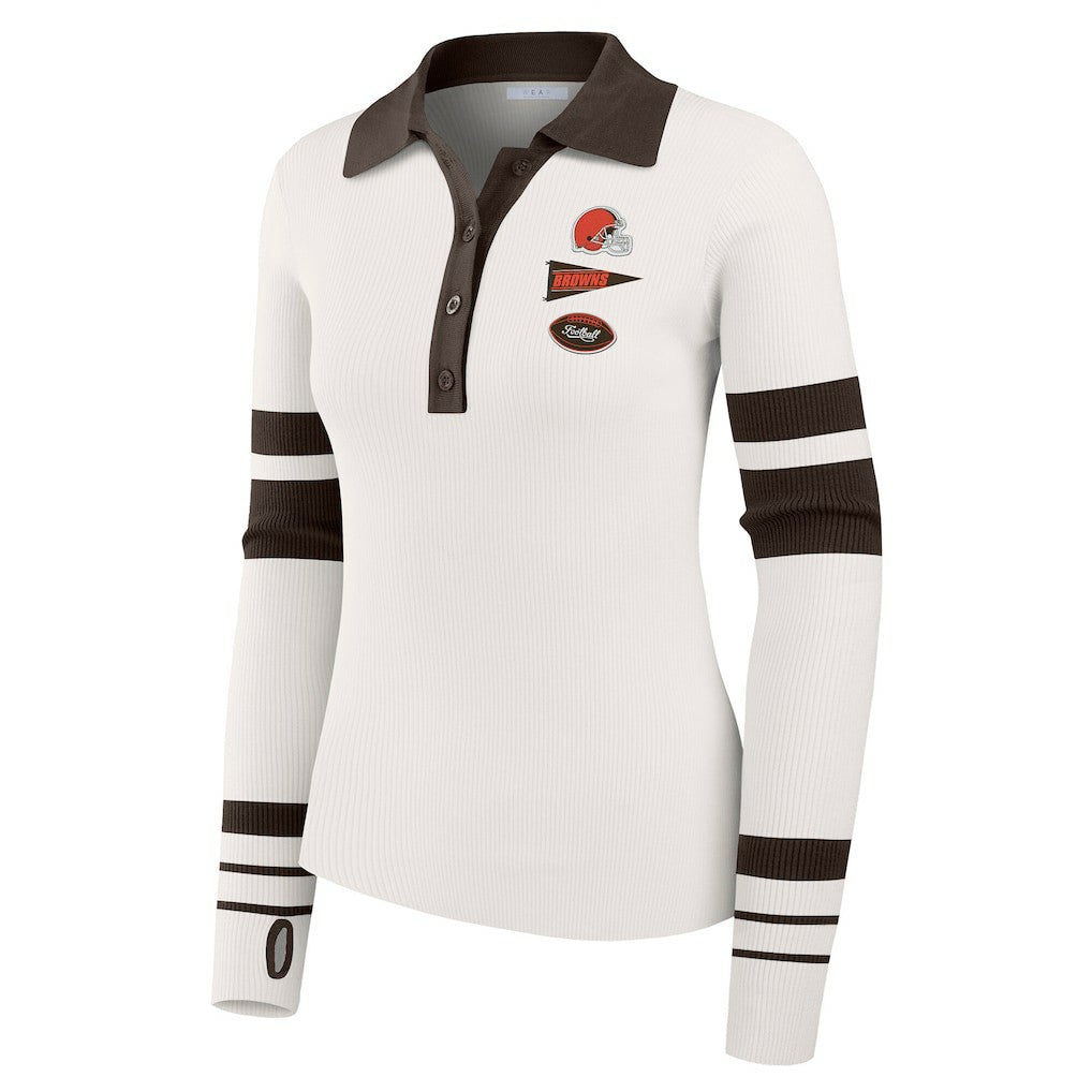 Cleveland Browns WEAR by Erin Andrews Women's Ribbed Henley Polo Sweater White | NFL