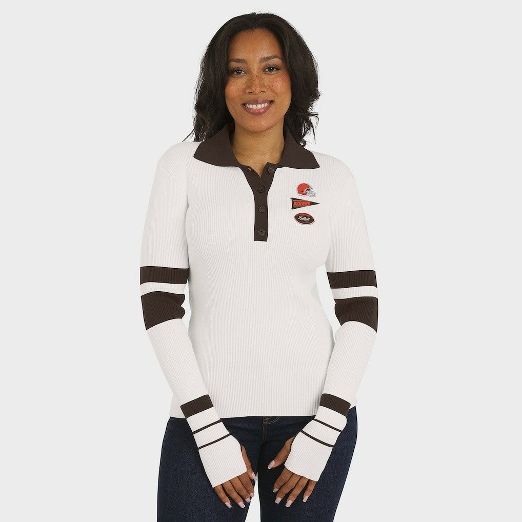Cleveland Browns WEAR by Erin Andrews Women's Ribbed Henley Polo Sweater White | NFL