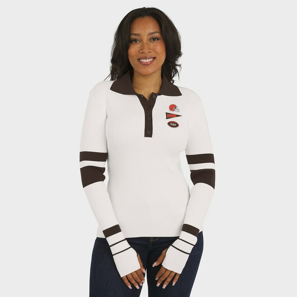 Cleveland Browns WEAR by Erin Andrews Women's Ribbed Henley Polo Sweater White | NFL
