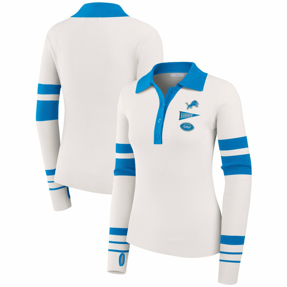 Detroit Lions WEAR by Erin Andrews Women's Ribbed Henley Polo Sweater White | NFL