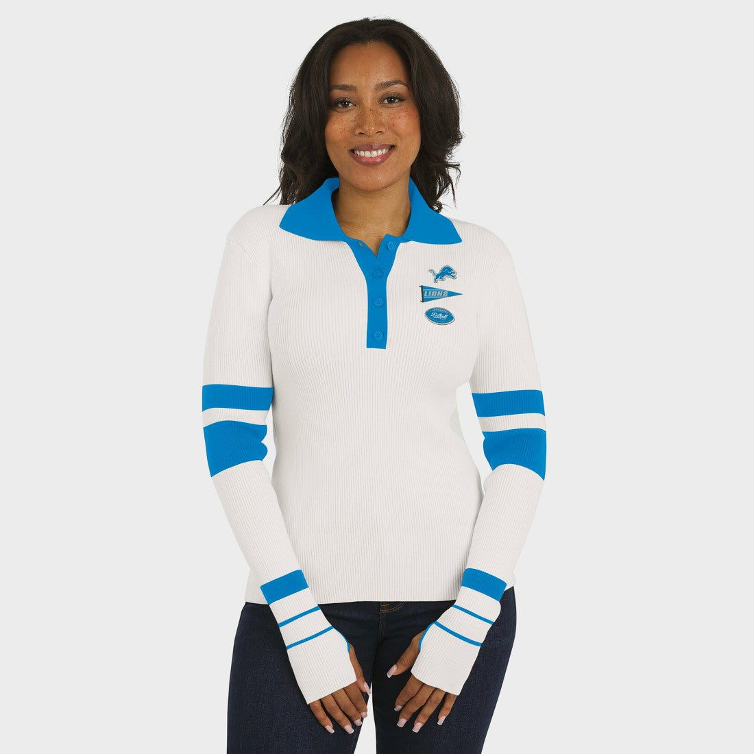 Detroit Lions WEAR by Erin Andrews Women's Ribbed Henley Polo Sweater White | NFL