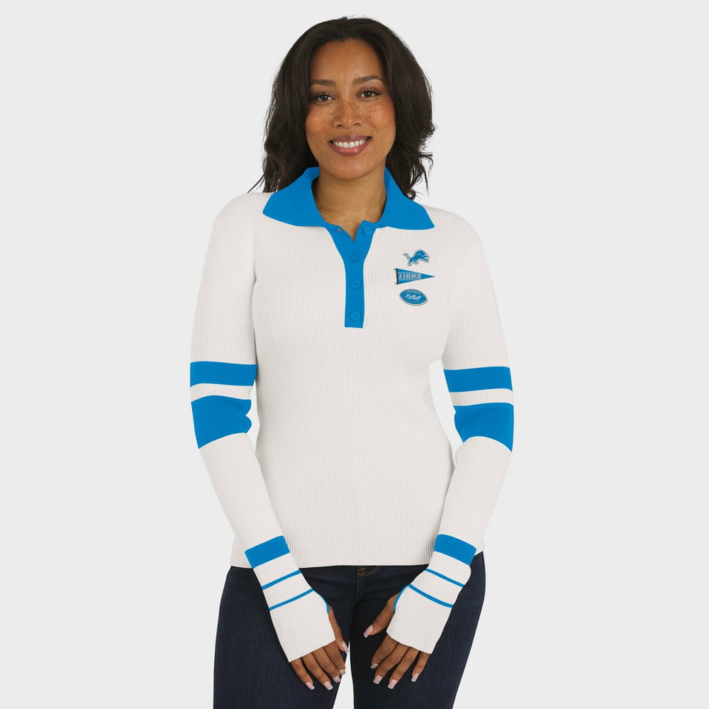 Detroit Lions WEAR by Erin Andrews Women's Ribbed Henley Polo Sweater White | NFL