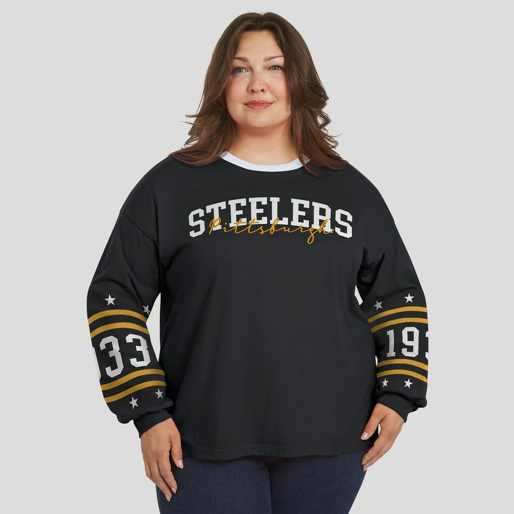 Pittsburgh Steelers WEAR by Erin Andrews Women's Plus Size Sport Long-Sleeve T-Shirt Black | NFL