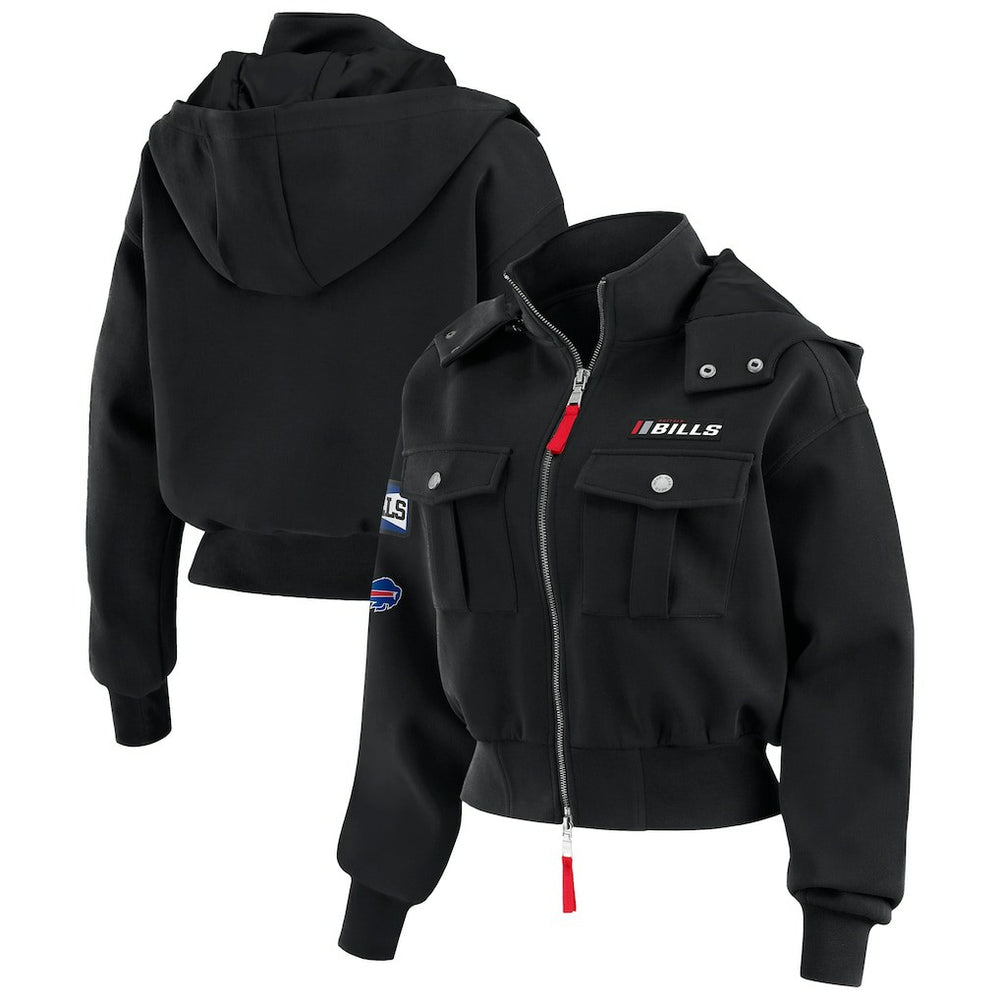 Buffalo Bills WEAR by Erin Andrews Women's Tri-Blend Patch Pocket Cropped Full-Zip Bomber Hoodie Jacket Black | NFL