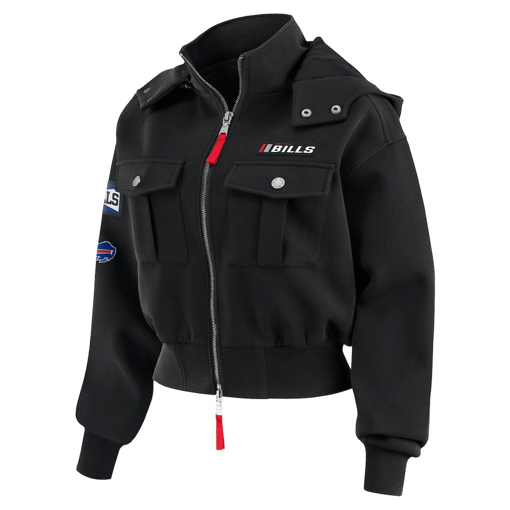 Buffalo Bills WEAR by Erin Andrews Women's Tri-Blend Patch Pocket Cropped Full-Zip Bomber Hoodie Jacket Black | NFL