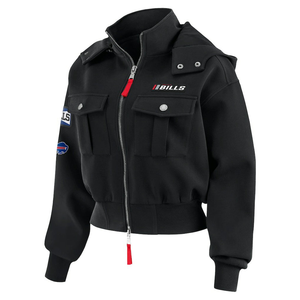 Buffalo Bills WEAR by Erin Andrews Women's Tri-Blend Patch Pocket Cropped Full-Zip Bomber Hoodie Jacket Black | NFL