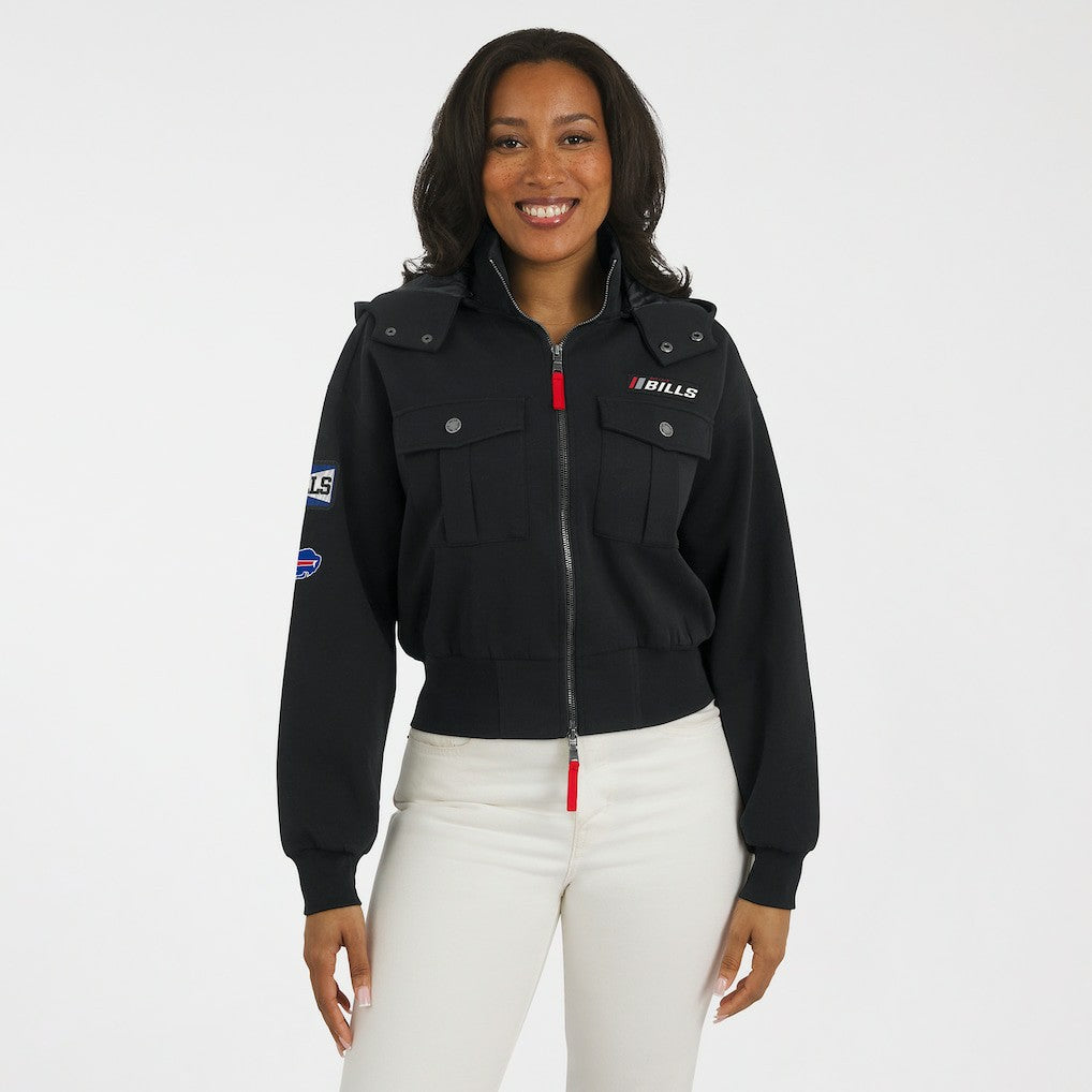 Buffalo Bills WEAR by Erin Andrews Women's Tri-Blend Patch Pocket Cropped Full-Zip Bomber Hoodie Jacket Black | NFL